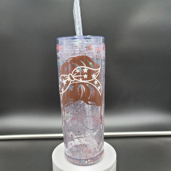 Mom Skinny Tumbler 18 Oz Manic Day Fuel Snow Globe Glitter Love Cold Cup - Picture 4 of 6